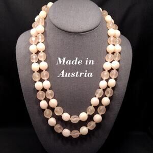 Vintage Austria Pink Lucite Bead Necklace Two Strand Frosted & Matte 1950s